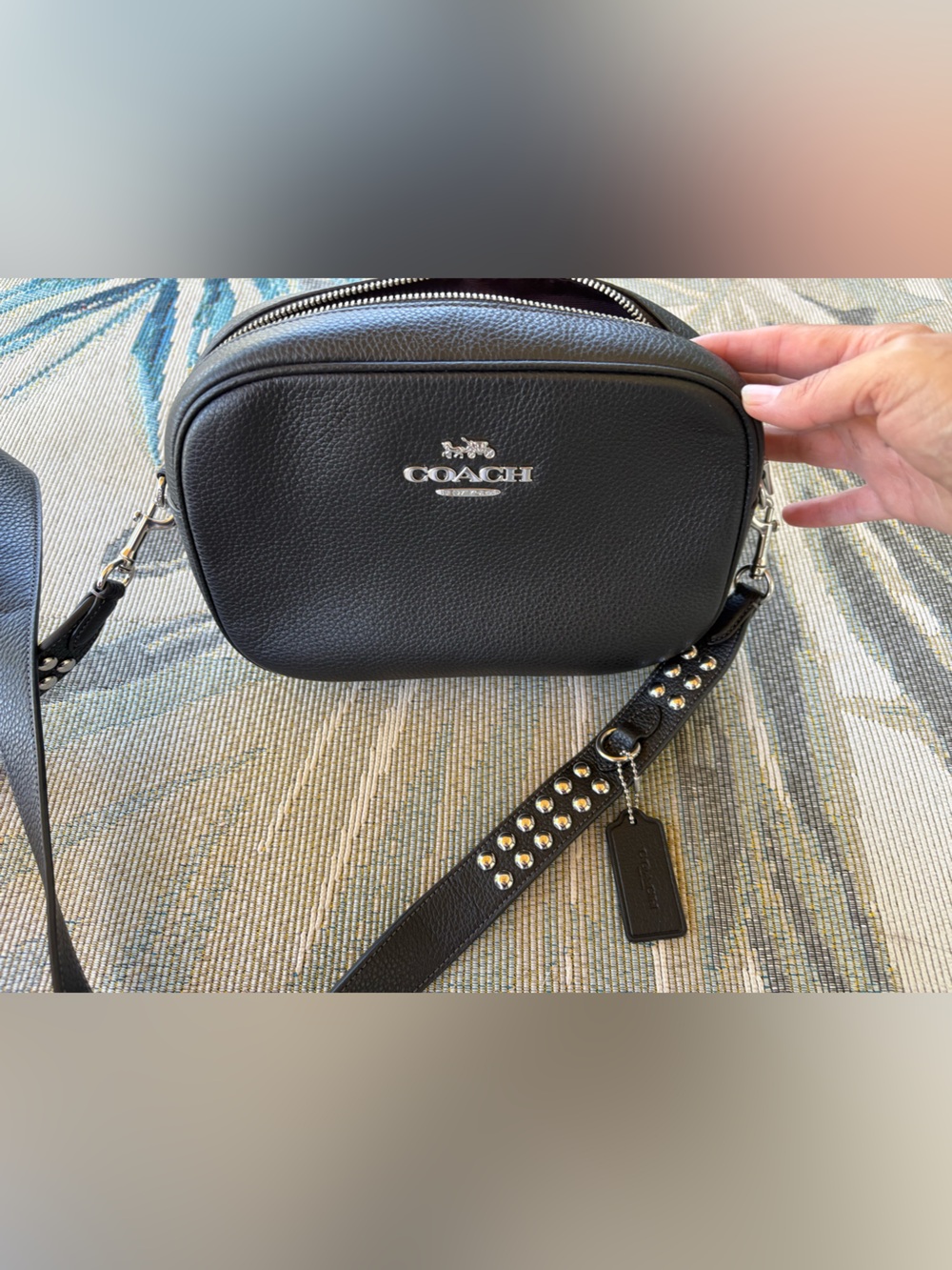 COACH Jamie Studded Pebbled Leather Camera Bag in Black